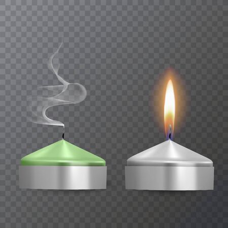 Realistic candles of green and white colors, Burning and extinguished candles on dark background, paraffin or wax on transparent background.のイラスト素材