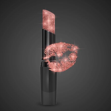 Lipstick of skin color and kissing print, realistic lipstick with glittering texture isolated on white background, Premium cosmetic product.のイラスト素材
