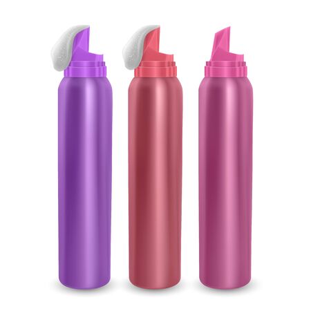 Set of foam bottles different color, advertisement template. Mock-up for product package branding, Metal bottles of shampoo and hair mousse isolated on white background.のイラスト素材
