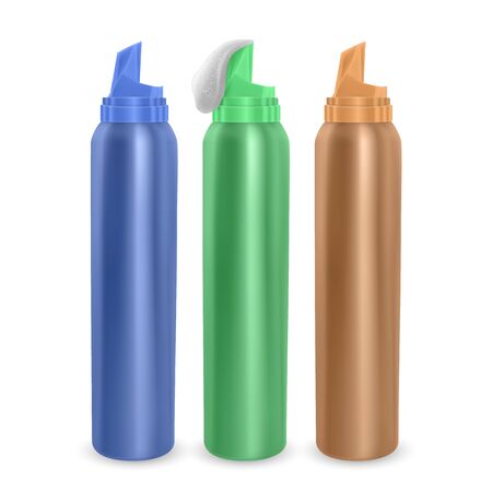 Set of foam bottles different color, advertisement template. Mock-up for product package branding, Metal bottles of shampoo and hair mousse isolated on white background.のイラスト素材