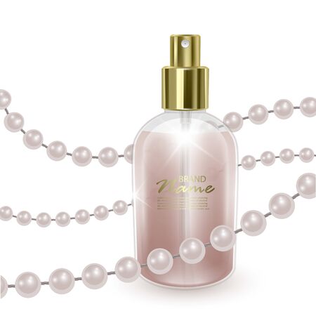 The bottle with liquid of pearl color. The jar with perfume on the background of pearl thread, realistic 3D illustration, template for your brand, Vector, 3D illustrationのイラスト素材