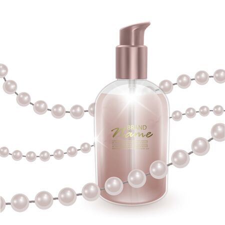 The bottle with liquid of pearl color. The jar liquid soap on the background of pearl thread, realistic 3D illustration, template for your brand, 3D, Vector illustrationのイラスト素材