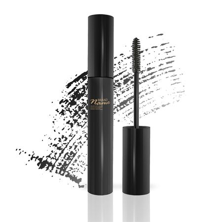 A mascara tube and a wand applicator. Cosmetic black bottle with eyelash brush. Isolated on white background. black brush stroke, vector illustrationのイラスト素材