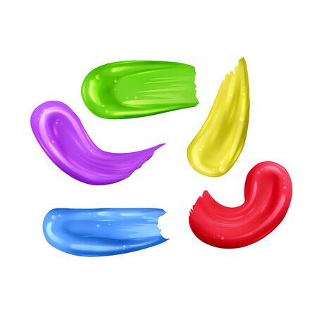Set of colorful smears of acrylic or gouache paints on white background, realistic bright colors strokes on white background, vector Eps 10 illustrationのイラスト素材