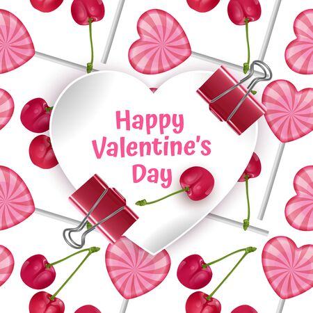 Greeting card Happy Valentine's Day, card with Seamless, endless background with sweets and red cherries. Background for poster or bannerのイラスト素材