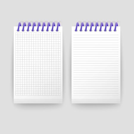Set of Realistic notebooks Blank open padded sketchbook with lines and notebook in the cell for writing message templates, School notebook, vertical paper sheet. Vector illustrationのイラスト素材
