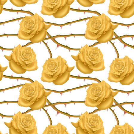 Seamless, endless pattern with roses and thorns, bright yellow roses on white background, design for your packing.のイラスト素材