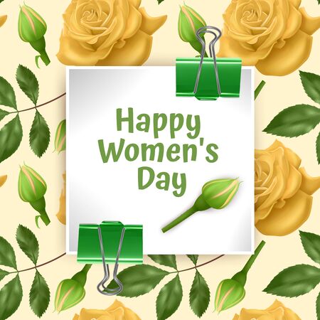 Greeting card Happy Women's Day, card with Seamless, endless background with bright yellow roses and green leaves. Background for poster or banner.のイラスト素材