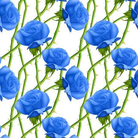 Seamless, endless pattern with roses and thorns, bright blue roses on white background, design for your packing.のイラスト素材