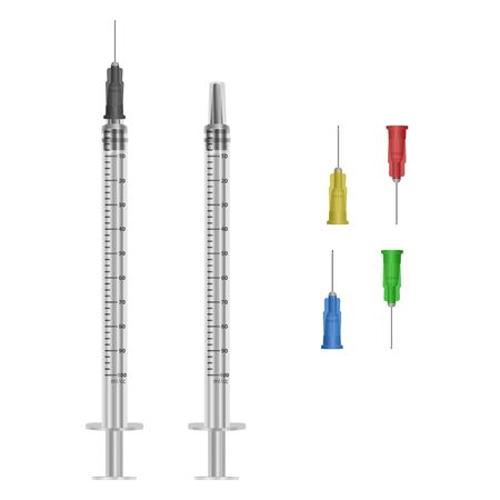 Insulin syringe 0.5 ml with various color hypodermic needles on white background, medical single use syringe.のイラスト素材