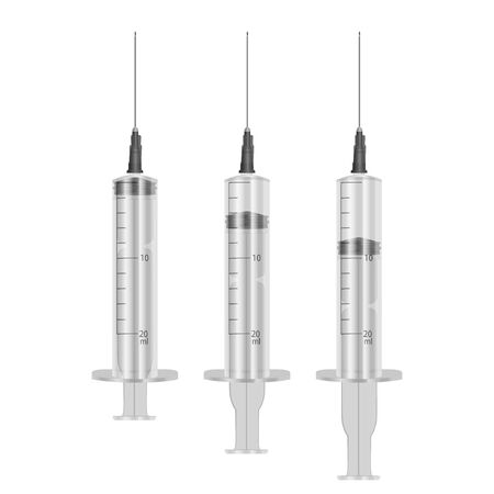 Realistic Syringe 20 ml with hypodermic needles on white background, medical single use syringes.のイラスト素材