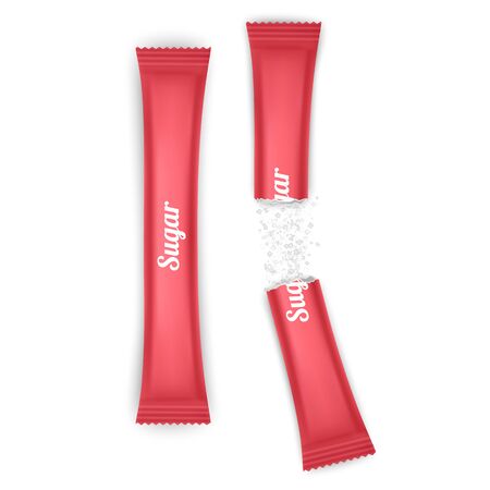 Foil or paper of red color Packaging Stick for Coffee, Salt, Sugar, Pepper Or Spices. Realistic mesh vector mockup.のイラスト素材