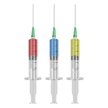 Set of medical syringes. Syringes are filled with a solution of vaccine. Illustration of medical syringes with needles in realistic style.のイラスト素材
