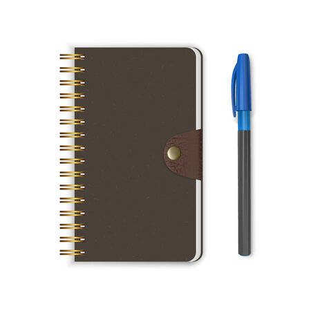 Spiral binding notebook or notepad and pen isolated on white background, Closed Sketchbook or diary. Realistic vector illustrationのイラスト素材