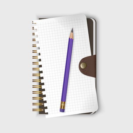 Spiral binding notebook or notepad and pencil isolated on white background, Realistic closed Sketchbook and sheet of paper. 3D, Vector illustrationのイラスト素材