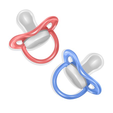 Pacifier isolated on white background. Set pacifiers, red and blue. Realistic icon, 3D, Vector illustrationのイラスト素材