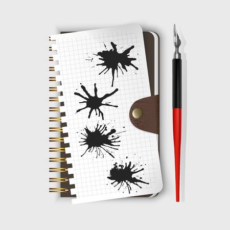 Fountain pen, fountain pen on notepad and Black ink paint spots. Vector Realistic style illustratedのイラスト素材