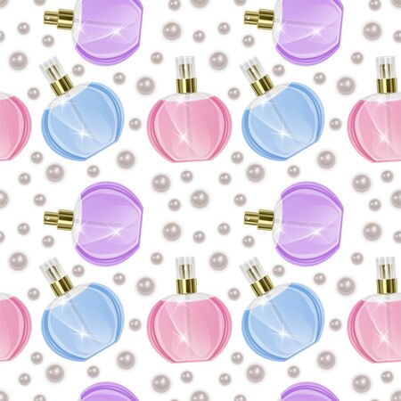 Seamless Endless Pattern with Print of perfume bottles and pearls in cartoon style Can be used in food industry for wallpapers, wrapping paper, wedding cards.のイラスト素材