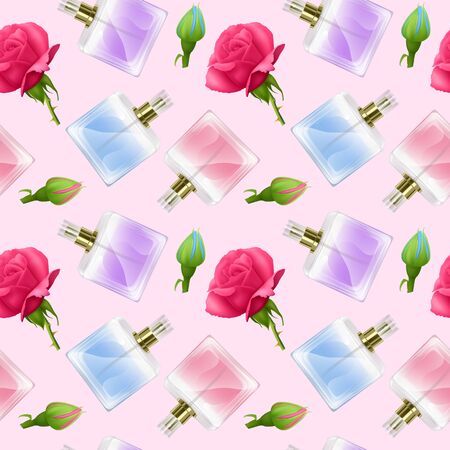 Seamless Endless Pattern with Print of perfume bottles and roses in cartoon style Can be used in food industry for wallpapers, wrapping paper, wedding cards.のイラスト素材