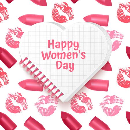 Greeting card Happy Womens Day, card with Seamless, endless background with Print lipstick and kiss print. Background for poster or bannerのイラスト素材