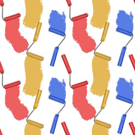 Seamless endless pattern with with Paint roller brushes. Colorful paint texture when painting with a roller on white backgroundのイラスト素材