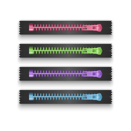 Realistic metallic zipper, closed zip pullers. Garment components zippered fabric accessories, vector clothing clasp of bright colors on white background. Vector EPS 10 illustrationのイラスト素材