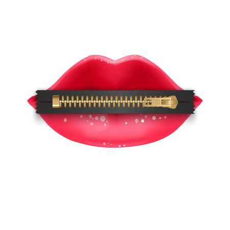 Zipped red lips of woman in cartoon style, Speak out and break the silence. Stop domestic violence against women concept.のイラスト素材