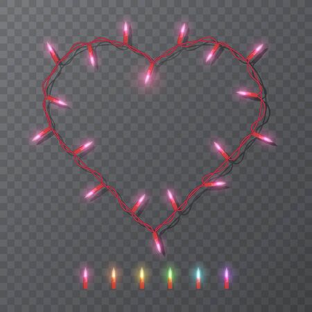 Festive blank frame with shape of heart with electric garland. Garlands colored lights Glowing lights for Valentine's day Holiday greeting card design.のイラスト素材