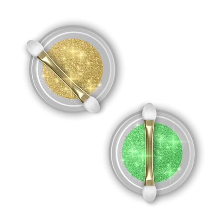Glitter jar. Realistic object with sparkles, top view. Set of Glitter jars of golden and green colors with realistic brush for makeup, Vector eps 10 illustrationのイラスト素材