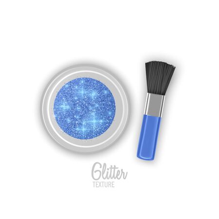 Glitter jar. Realistic object with sparkles, top view. Glitter of blue color with realistic brush for makeup, Vector illustrationのイラスト素材