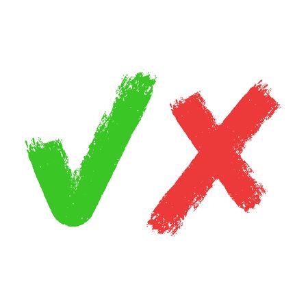 Acceptance and rejection symbol vector buttons for vote, election choice. Brush stroke borders. Symbolic OK and X icon isolated on white. Vector EPS 10 Illustrationのイラスト素材