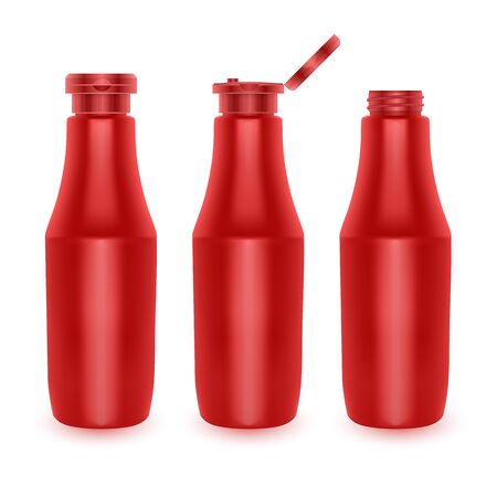 Set of Blank Plastic Red Tomato Ketchup Bottles for Branding Isolated on White Background, Vector illustrationのイラスト素材