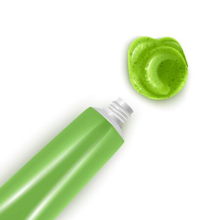 Squeezed out sauce on white background, Wasabi Hot Mustard. Traditional Japanese Green Natural Organic Spicy Wasabi For Asian Dishes And Sushi. Seasoning And Sauce Top View Realistic Illustrationのイラスト素材