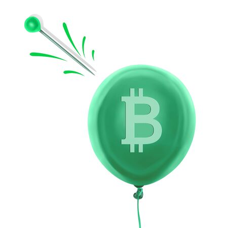 An inflatable ball with a bitcoin symbol a needle. The symbol of the downfall of bitcoin, Vector EPS 10 illustrationのイラスト素材