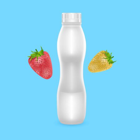 3D White Yogurt Plastic Bottle, Realistic Bottle with strawberry drinking yogurt, Vector illustrationのイラスト素材