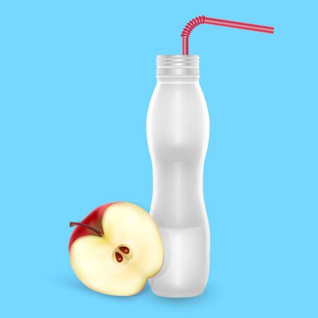 3D White Yogurt Plastic Bottle, Realistic Bottle with apple drinking yogurt, Vector illustrationのイラスト素材