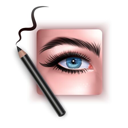 Realistic illustration of eye applying eyeliner close up, woman applies eyeliner, 3D Vector illustrationのイラスト素材