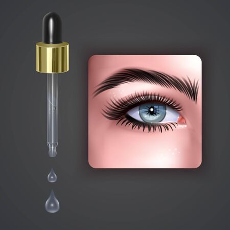 Drops for eyes, eyes tired and after instilling drops, Realistic Eye drops in glass vial with pipette, Vector EPS 10 illustrationのイラスト素材
