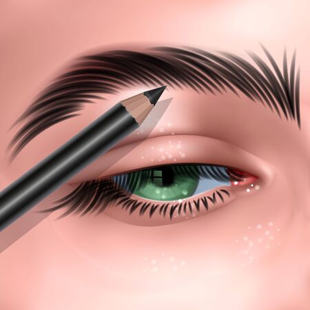 illustration with green female eye and Makeup eyebrow pencil Vector EPS 10 in realistic styleのイラスト素材