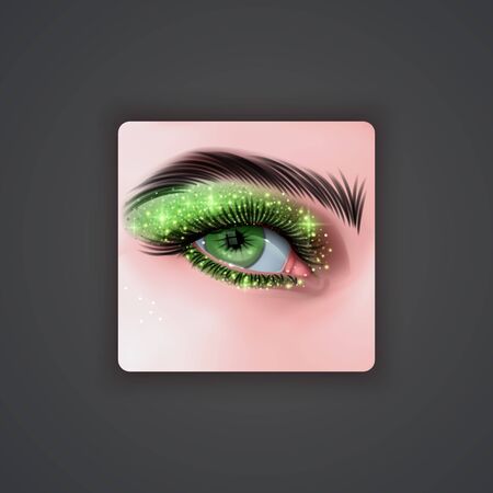 Realistic eyes with bright Eye shadows of Green color with glittering texture on dark backgroundのイラスト素材