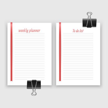 Set of sheet of paper in a4 format with weekly planner and list for notes templates decorated. Printable pages for diary or reminder for task organization, Vector illustration formatのイラスト素材