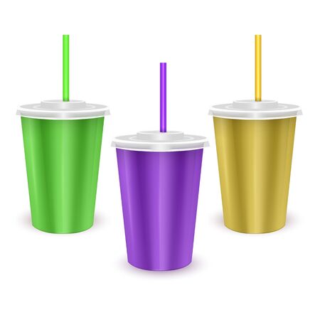 Set of colorful paper disposable cup with lid and drinking straw for cold beverage -soda, ice tea or cocktail, Realistic packaging mockup template, Vector illustrationのイラスト素材