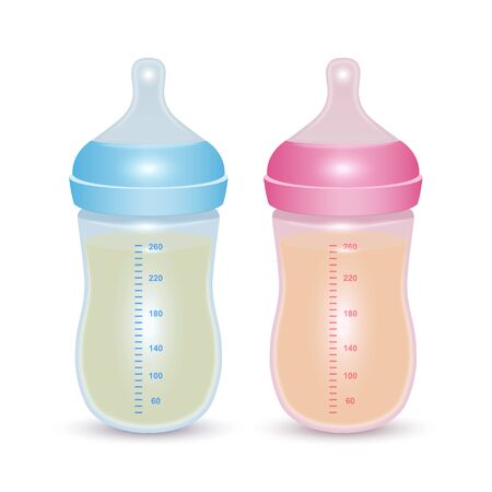 Set of baby bottle milk set of two isolated suck bottles, realistic images with beaker, vector EPS 10 formatのイラスト素材
