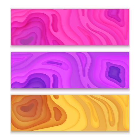 Horizontal banners set 3D abstract background, pink, purple, and orange paper cut shapes, design layout for business presentations, flyers, posters and invitations. Carving art, Vector illustrationのイラスト素材