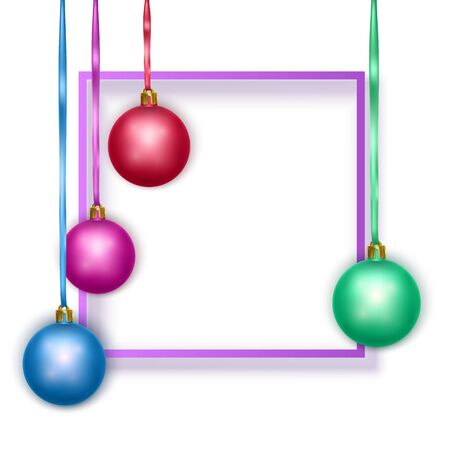 Greeting card with blue text frame and colorful christmas balls, postcard, New Year card, vector EPS 10 formatのイラスト素材