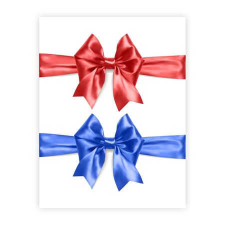 Set of bows of red and blue colors isolated on white background, vector made from silk, illustration in realistic styleのイラスト素材