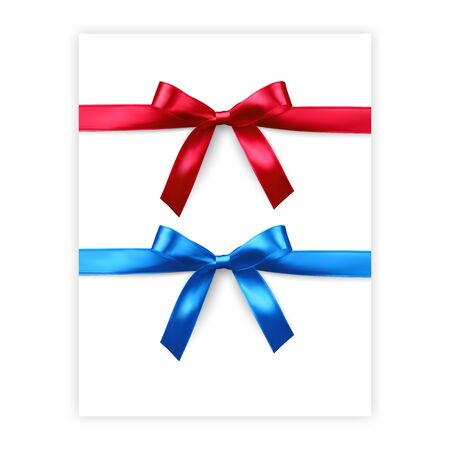 Set of bows of red and blue colors isolated on white background, vector made from silk, illustration in realistic styleのイラスト素材