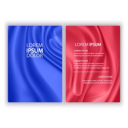 Set of red and blue wavy abstract covers isolated on white background, brochures, flyers, flowing silk, Vector illustrationのイラスト素材