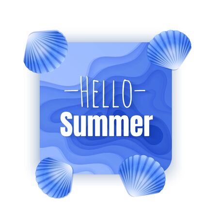 Hello summer banner, illustration card with background with deep yellow color paper cut shapes, summer party background template for greeting cards, Vector EPS 10のイラスト素材