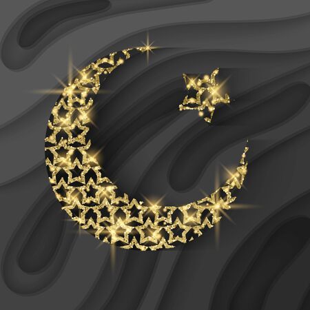 Ramadan Kareem illustration with golden moon with glittering texture on a dark background. Design template for greetings card, poster, banner, invitation.のイラスト素材